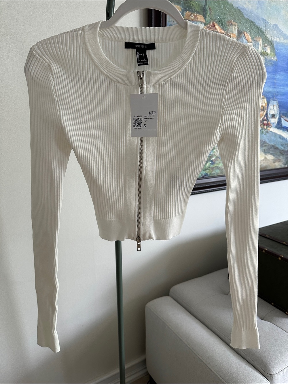 NEW Forever 21 White Ribbed Zip-Up Cropped Cardigan